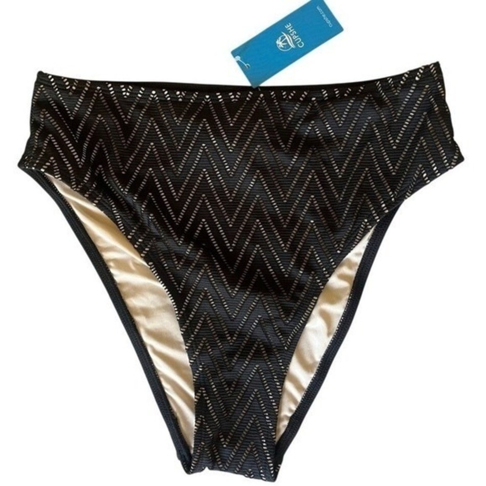 Cupshe Black Laser Cut Chevron High Waisted Bikini Swim Bottom Womens Small NWT